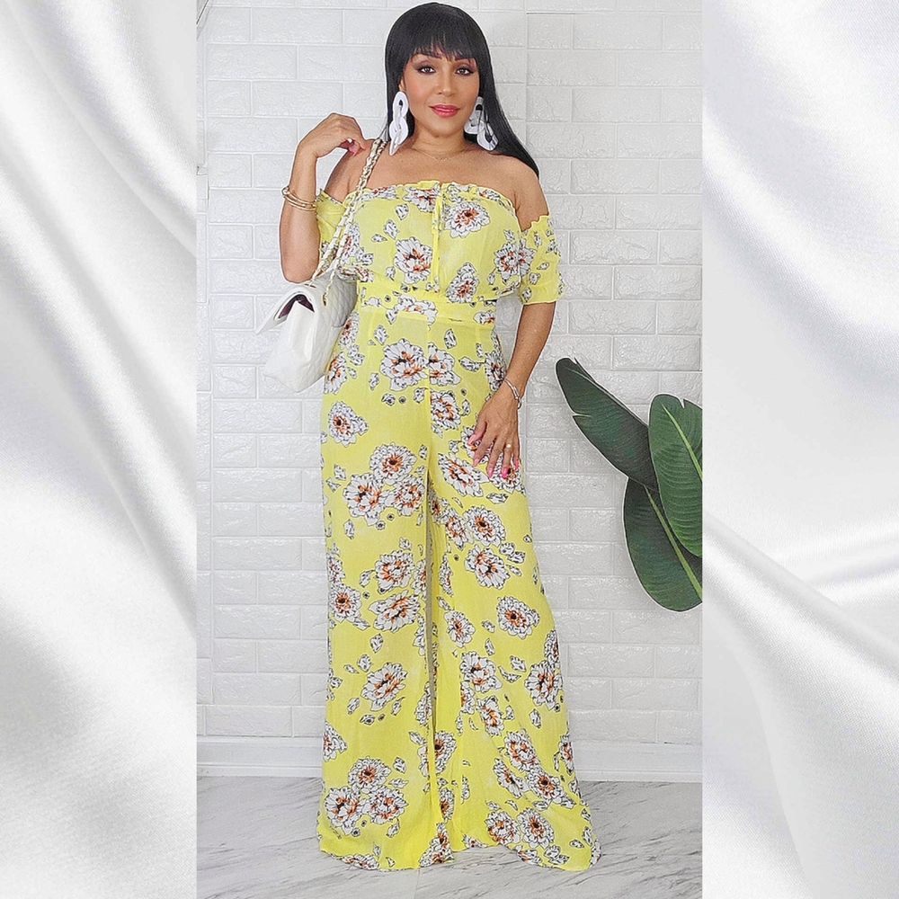 L'astiteYellow Spring Flowers Print High Waist Pants Set